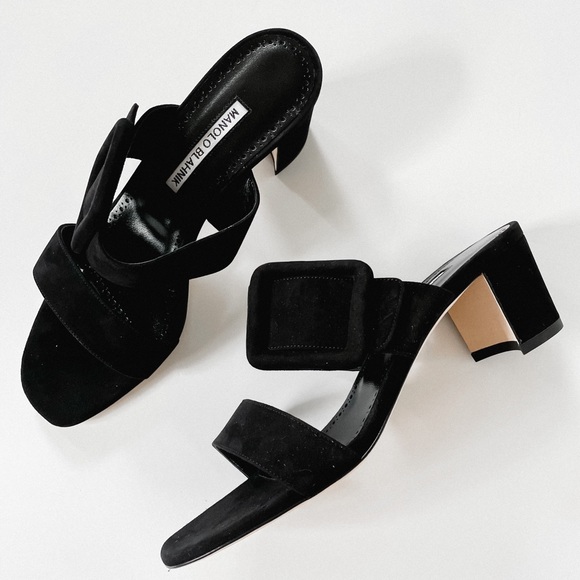 Manolo Blahnik Shoes - Manolo Blahnik Black Suede Buckle Block Heel Sandals